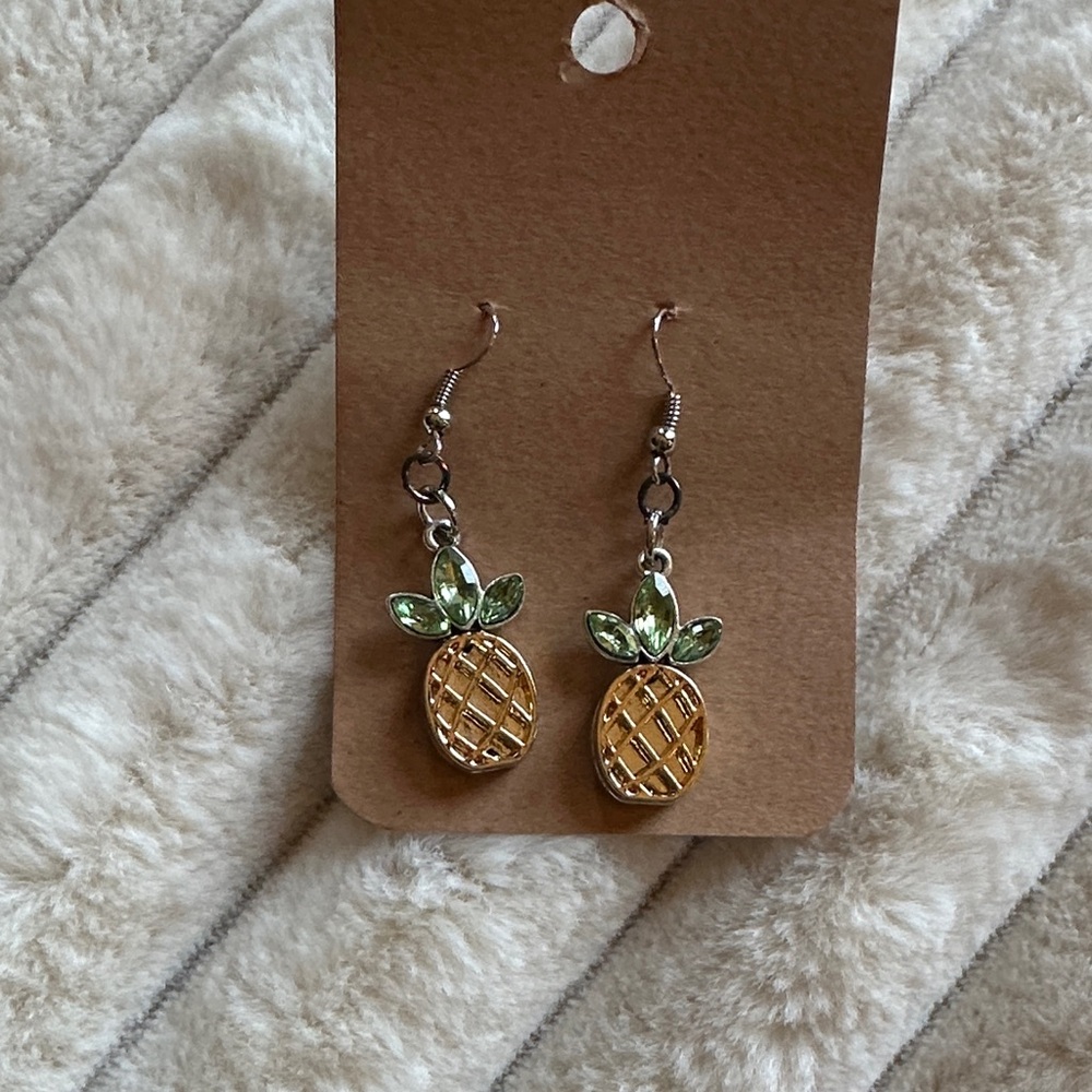 Pineapple Dangle Earrings with Green Leaves